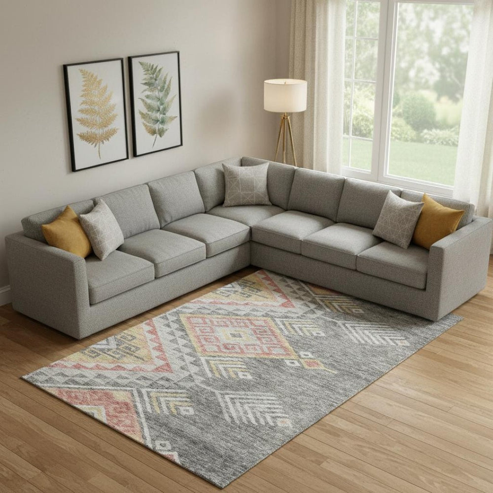 HomeRoots 9' X 12' Modern Gray Gold Salmon Geometric Area Rug – Washable, UV Protected, Perfect for Families! 684099