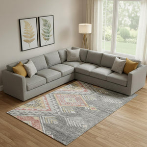 HomeRoots 9' X 12' Modern Gray Gold Salmon Geometric Area Rug – Washable, UV Protected, Perfect for Families! 684099