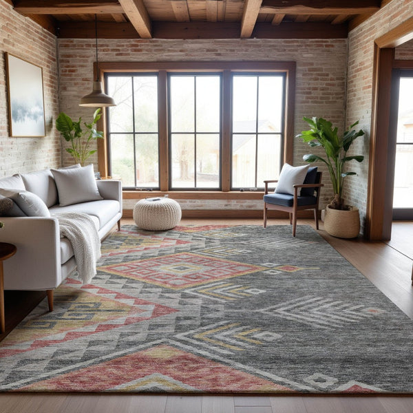 HomeRoots 9' X 12' Modern Gray Gold Salmon Geometric Area Rug – Washable, UV Protected, Perfect for Families! 684099