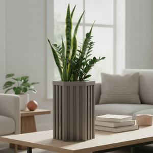 English Elm Hexagon Column Aluminum Planter Geometric Outdoor Pot with Wood Tone Powder Coat Finish Brown Grey B2755P462182