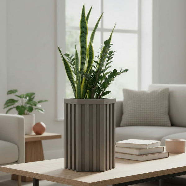 English Elm Hexagon Column Aluminum Planter Geometric Outdoor Pot with Wood Tone Powder Coat Finish Brown Grey B2755P462182