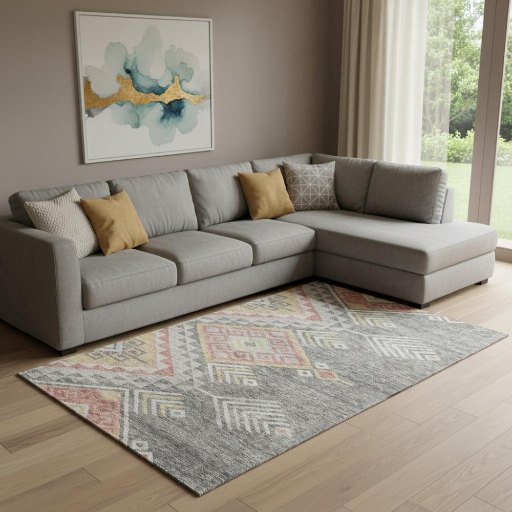 HomeRoots 10' Gray Gold And Salmon Geometric Area Rug – Washable, UV-Protected, Durable for High-Traffic Spaces 684100