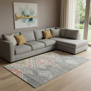 HomeRoots 10' Gray Gold And Salmon Geometric Area Rug – Washable, UV-Protected, Durable for High-Traffic Spaces 684100