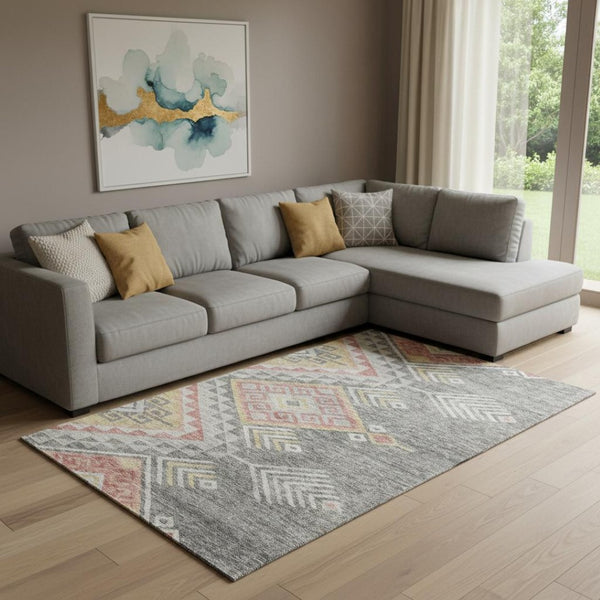 HomeRoots 10' Gray Gold And Salmon Geometric Area Rug – Washable, UV-Protected, Durable for High-Traffic Spaces 684100