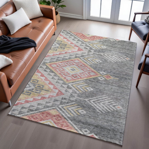 HomeRoots 10' Gray Gold And Salmon Geometric Area Rug – Washable, UV-Protected, Durable for High-Traffic Spaces 684100