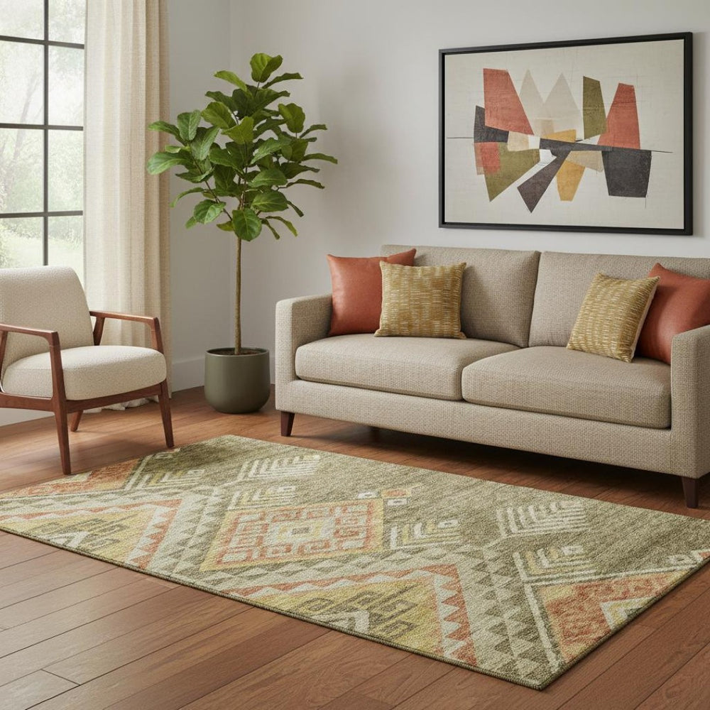 HomeRoots 5' X 8' Vibrant Geometric Area Rug in Green, Gold & Salmon - Washable, UV Protected & Stain Resistant! 684102