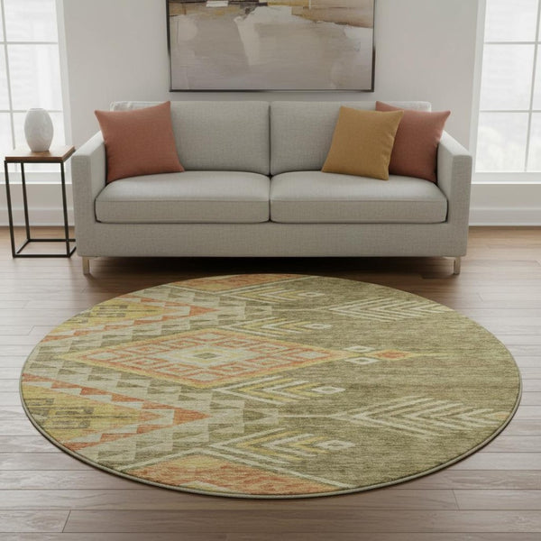 HomeRoots 8' Green Gold Salmon Geometric Washable Round Rug - Durable, Stain Resistant, UV Protected Design 684103