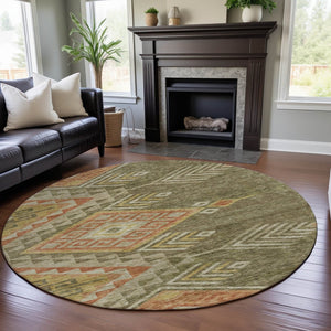 HomeRoots 8' Green Gold Salmon Geometric Washable Round Rug - Durable, Stain Resistant, UV Protected Design 684103