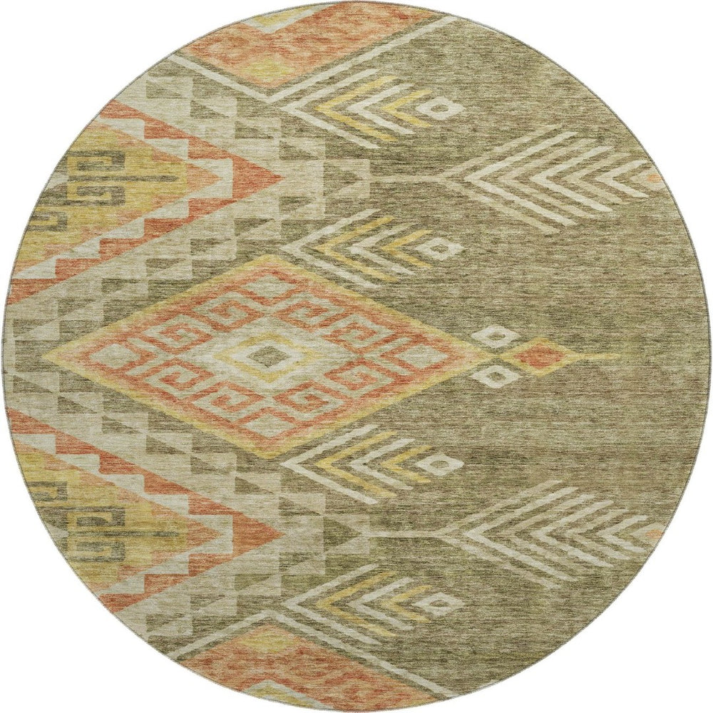 HomeRoots 8' Green Gold Salmon Geometric Washable Round Rug - Durable, Stain Resistant, UV Protected Design 684103