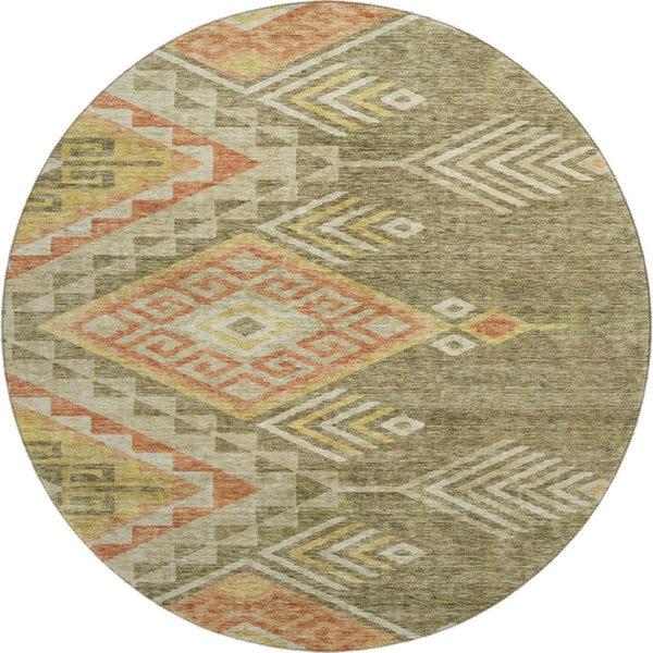 HomeRoots 8' Green Gold Salmon Geometric Washable Round Rug - Durable, Stain Resistant, UV Protected Design 684103