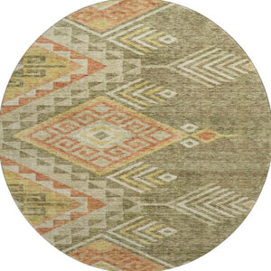 HomeRoots 8' Green Gold Salmon Geometric Washable Round Rug - Durable, Stain Resistant, UV Protected Design 684103