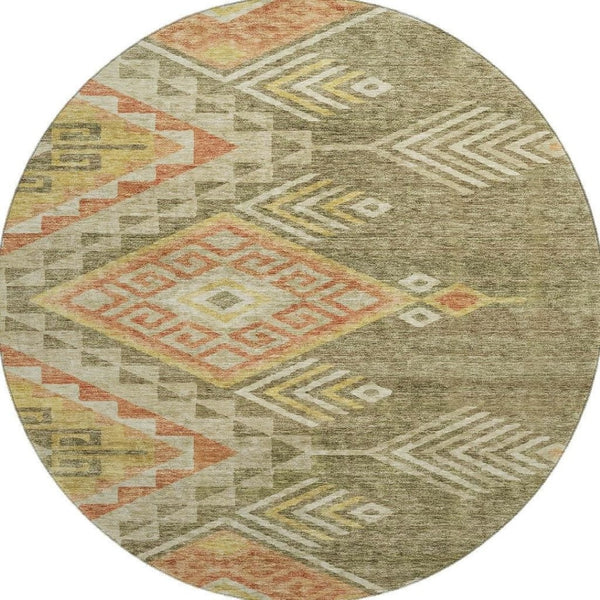 HomeRoots 8' Green Gold Salmon Geometric Washable Round Rug - Durable, Stain Resistant, UV Protected Design 684103