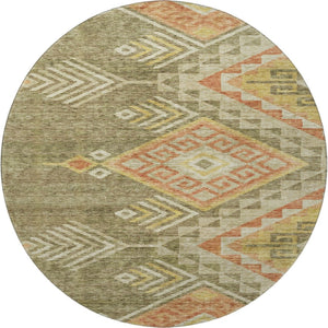 HomeRoots 8' Green Gold Salmon Geometric Washable Round Rug - Durable, Stain Resistant, UV Protected Design 684103