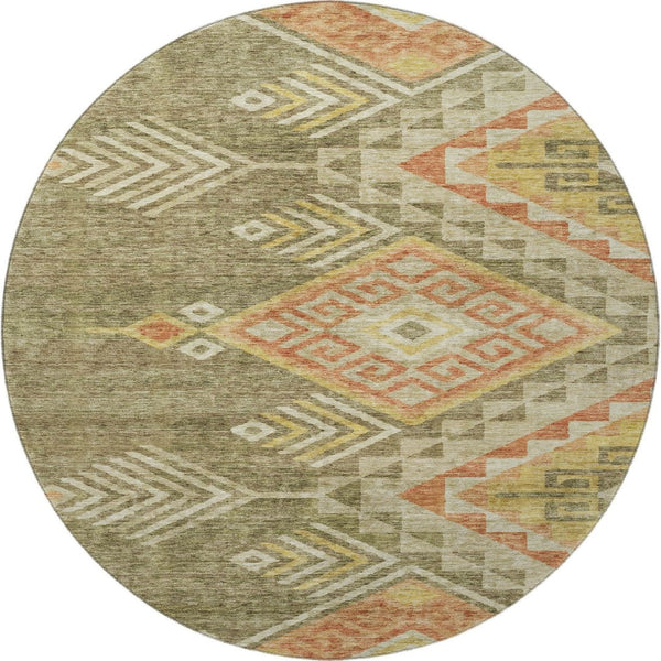 HomeRoots 8' Green Gold Salmon Geometric Washable Round Rug - Durable, Stain Resistant, UV Protected Design 684103