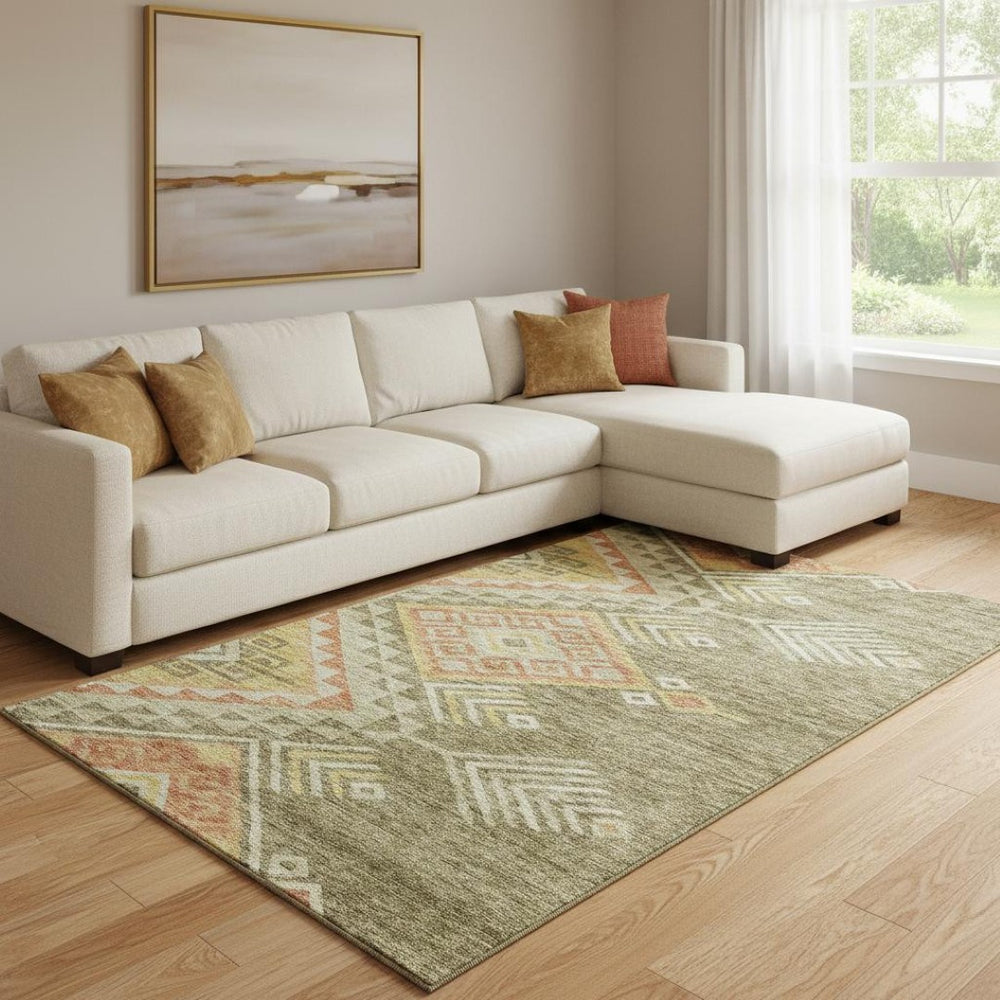 HomeRoots 8' X 10' Washable Geometric Area Rug in Green, Gold & Salmon – UV Resistant & Stain-Proof Design! 684104