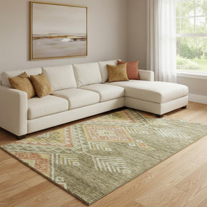 HomeRoots 8' X 10' Washable Geometric Area Rug in Green, Gold & Salmon – UV Resistant & Stain-Proof Design! 684104