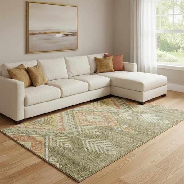 HomeRoots 8' X 10' Washable Geometric Area Rug in Green, Gold & Salmon – UV Resistant & Stain-Proof Design! 684104