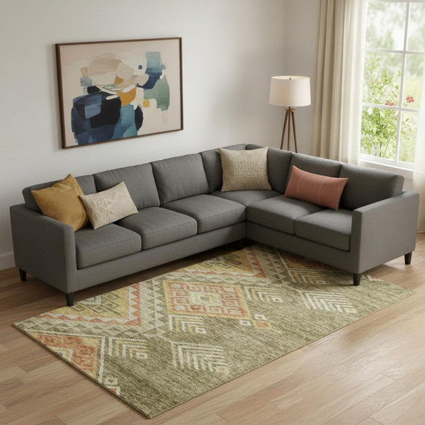 HomeRoots 9' X 12' Geometric Area Rug in Green, Gold & Salmon – Washable, UV-Protected, Stylish & Durable! 684105