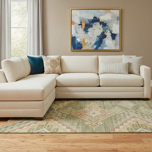 HomeRoots 10' Modern Geometric Area Rug in Green, Gold & Salmon - Washable, UV-Protected, Low Maintenance Design 684106