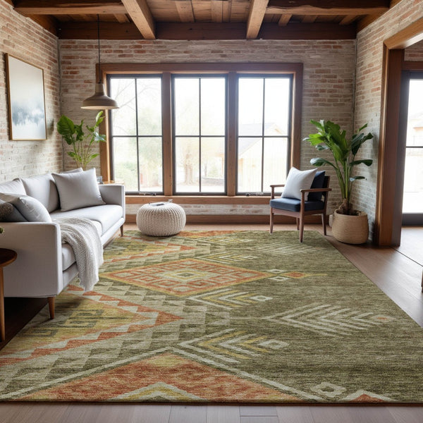 HomeRoots 10' Modern Geometric Area Rug in Green, Gold & Salmon - Washable, UV-Protected, Low Maintenance Design 684106