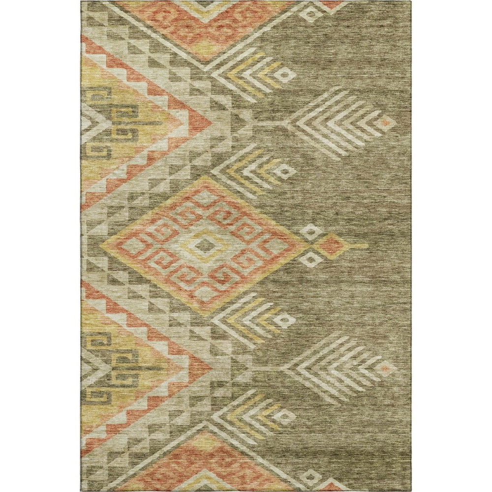 HomeRoots 10' Modern Geometric Area Rug in Green, Gold & Salmon - Washable, UV-Protected, Low Maintenance Design 684106
