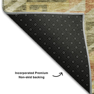 HomeRoots 10' Modern Geometric Area Rug in Green, Gold & Salmon - Washable, UV-Protected, Low Maintenance Design 684106