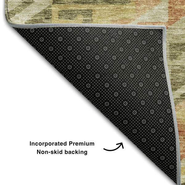 HomeRoots 10' Modern Geometric Area Rug in Green, Gold & Salmon - Washable, UV-Protected, Low Maintenance Design 684106