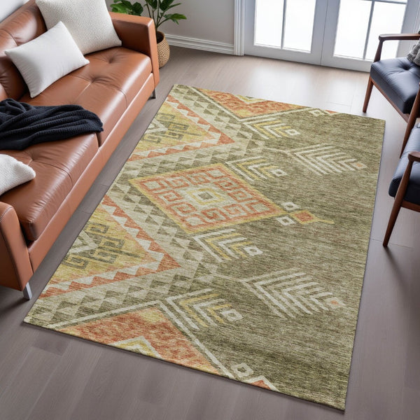 HomeRoots 10' Modern Geometric Area Rug in Green, Gold & Salmon - Washable, UV-Protected, Low Maintenance Design 684106