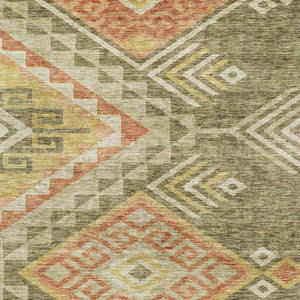 HomeRoots 10' Modern Geometric Area Rug in Green, Gold & Salmon - Washable, UV-Protected, Low Maintenance Design 684106