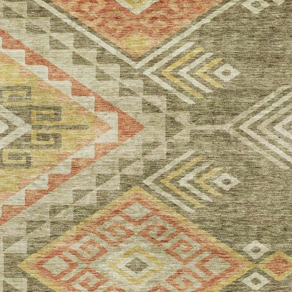 HomeRoots 10' Modern Geometric Area Rug in Green, Gold & Salmon - Washable, UV-Protected, Low Maintenance Design 684106