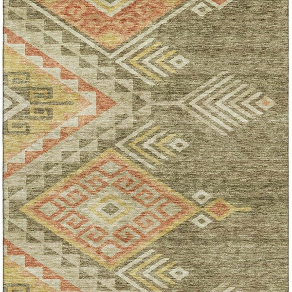 HomeRoots 10' Modern Geometric Area Rug in Green, Gold & Salmon - Washable, UV-Protected, Low Maintenance Design 684106