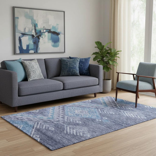 HomeRoots 5' X 8' Modern Navy Blue and Silver Geometric Area Rug – Washable, UV Protected, Durable Design 684108