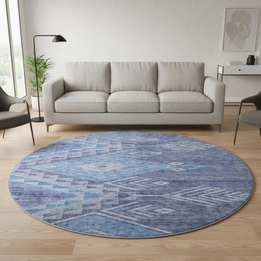HomeRoots 8' Navy Blue and Silver Geometric Round Rug - Washable, UV-Protected, Modern Style for Any Space 684109