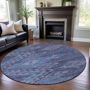 HomeRoots 8' Navy Blue and Silver Geometric Round Rug - Washable, UV-Protected, Modern Style for Any Space 684109