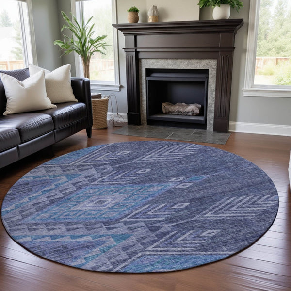 HomeRoots 8' Navy Blue and Silver Geometric Round Rug - Washable, UV-Protected, Modern Style for Any Space 684109