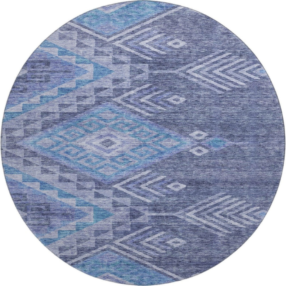 HomeRoots 8' Navy Blue and Silver Geometric Round Rug - Washable, UV-Protected, Modern Style for Any Space 684109