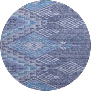 HomeRoots 8' Navy Blue and Silver Geometric Round Rug - Washable, UV-Protected, Modern Style for Any Space 684109