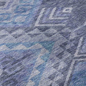 HomeRoots 8' Navy Blue and Silver Geometric Round Rug - Washable, UV-Protected, Modern Style for Any Space 684109