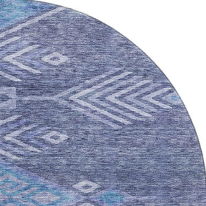 HomeRoots 8' Navy Blue and Silver Geometric Round Rug - Washable, UV-Protected, Modern Style for Any Space 684109