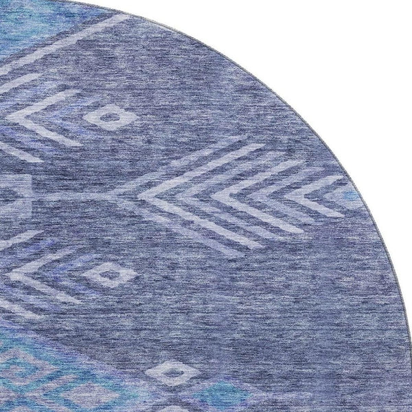 HomeRoots 8' Navy Blue and Silver Geometric Round Rug - Washable, UV-Protected, Modern Style for Any Space 684109