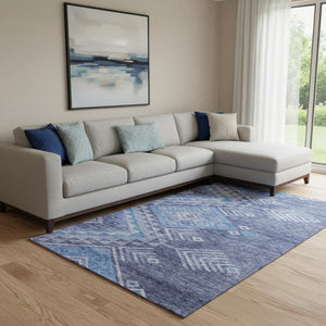 HomeRoots 8' X 10' Navy Blue & Silver Geometric Area Rug - Washable, Stain-Resistant, UV Protected for Homes 684110