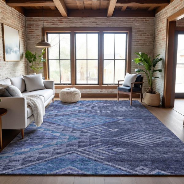 HomeRoots 8' X 10' Navy Blue & Silver Geometric Area Rug - Washable, Stain-Resistant, UV Protected for Homes 684110