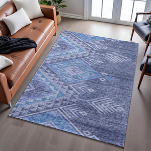 HomeRoots 8' X 10' Navy Blue & Silver Geometric Area Rug - Washable, Stain-Resistant, UV Protected for Homes 684110