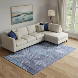HomeRoots 9' X 12' Navy Blue & Silver Geometric Area Rug - Durable, Stain Resistant, UV Protected Design for Homes 684111