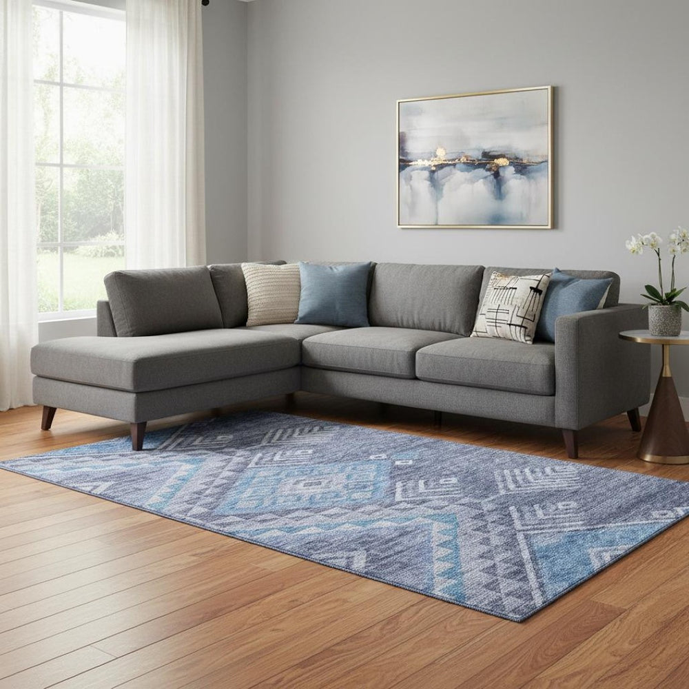 HomeRoots 10' Navy Blue & Silver Geometric Area Rug - Washable, UV Protected, Stylish for Large Spaces 684112