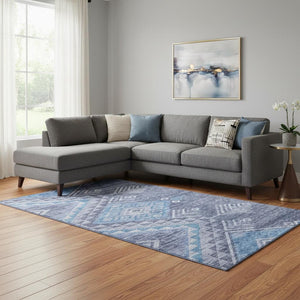 HomeRoots 10' Navy Blue & Silver Geometric Area Rug - Washable, UV Protected, Stylish for Large Spaces 684112