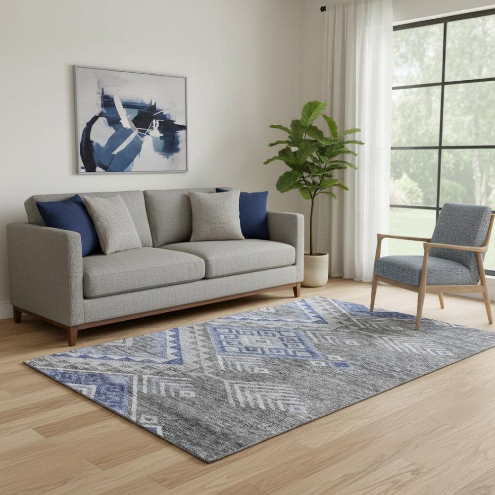 HomeRoots 5' X 8' Pewter Blue and Gray Geometric Area Rug – Washable, UV-Protected, Stylish & Durable Design 684114