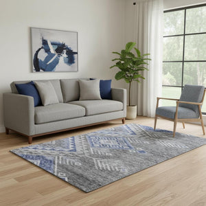 HomeRoots 5' X 8' Pewter Blue and Gray Geometric Area Rug – Washable, UV-Protected, Stylish & Durable Design 684114