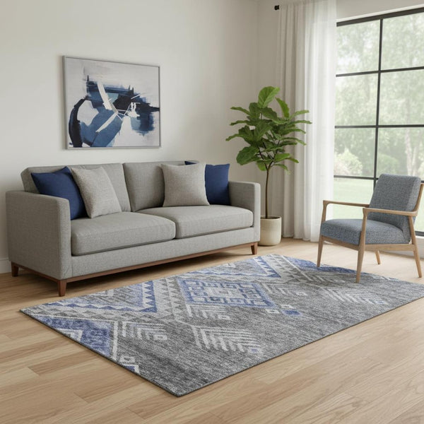 HomeRoots 5' X 8' Pewter Blue and Gray Geometric Area Rug – Washable, UV-Protected, Stylish & Durable Design 684114