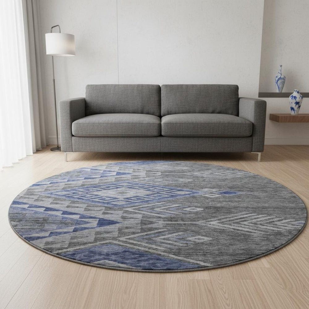 HomeRoots 8' Stylish Pewter Blue & Gray Geometric Washable Round Rug with UV Protection for Modern Spaces 684115